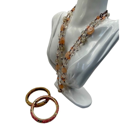 Vintage Beaded Necklace & Floral Enamel Bangle Set Crystal Pink Peach Cream N60 - Picture 4 of 7
